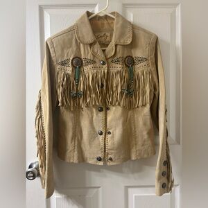 Scully Women’s Tan Leather Fringe Western Jacket Turquoise Beaded Size Small